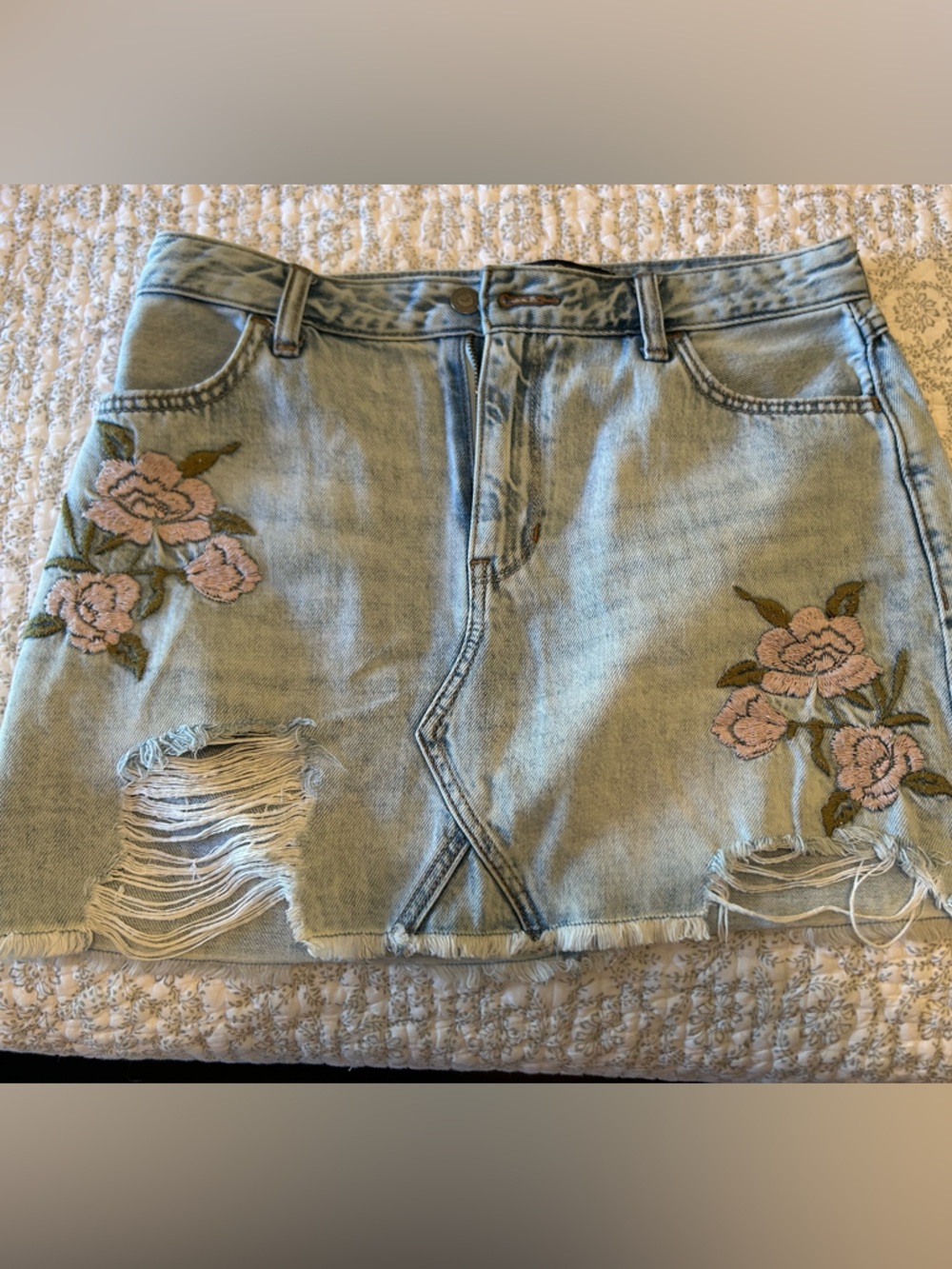 Hollister Light Wash Denim Mini Skirt with Pink Rose Embroidery